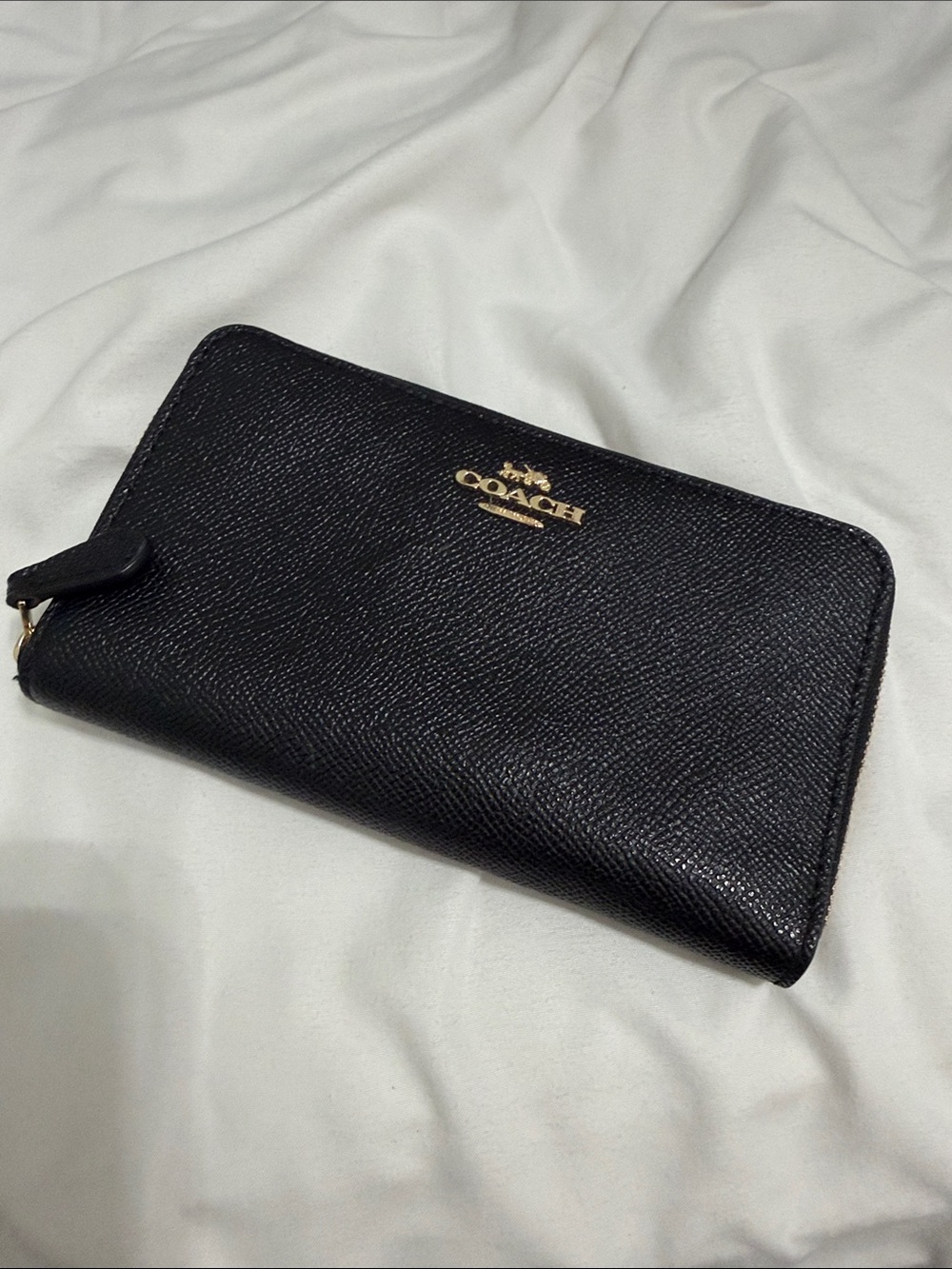 Coach Black Leather Zip Wallet with Gold Logo Accent NOT OUTLET